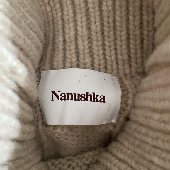 Nanushka Diya Sweater Dress Cream Tan Cable Knit Alpaca Wool Turtleneck L - Picture 5 of 9